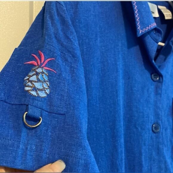 Erin London XL Blue Embroidered Shrtslvs LINEN Blend Buttons Up Women Top Shirt - Picture 8 of 9